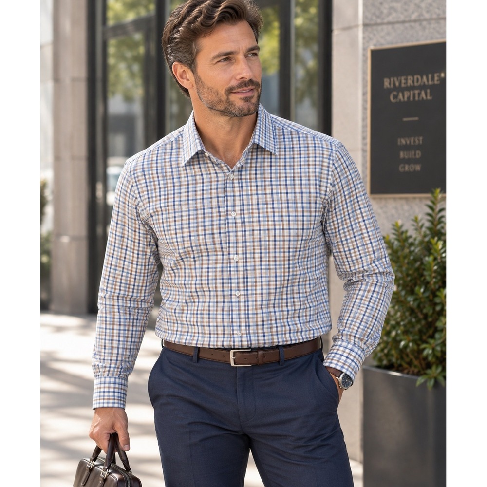 Lorenzo Uomo Trim Fit Men's Dress Shirt 16.5 32/33 Blue Tan Plaid Button Front